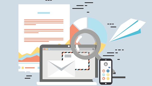 Desk scene with laptop, documents, charts, and a magnifying glass over a mail icon, symbolizing data search and analytics.